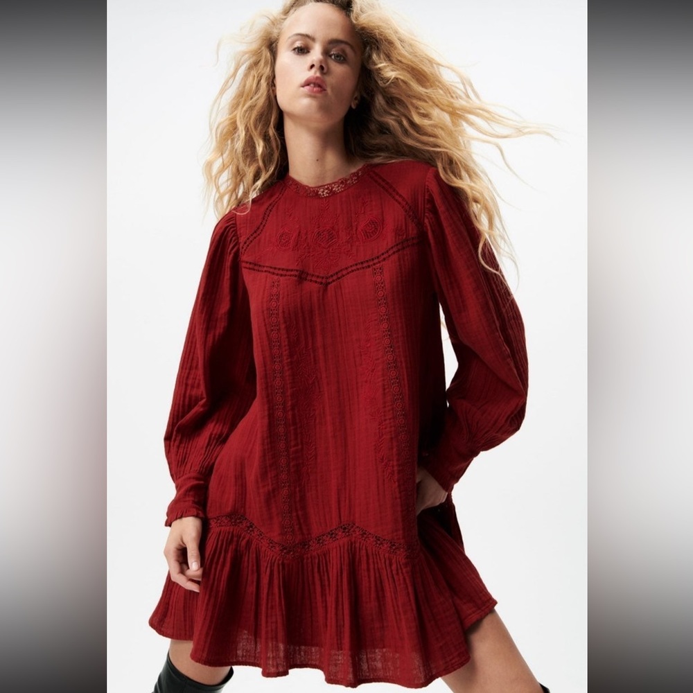 Zara embroidered long sleeve short dress size XS